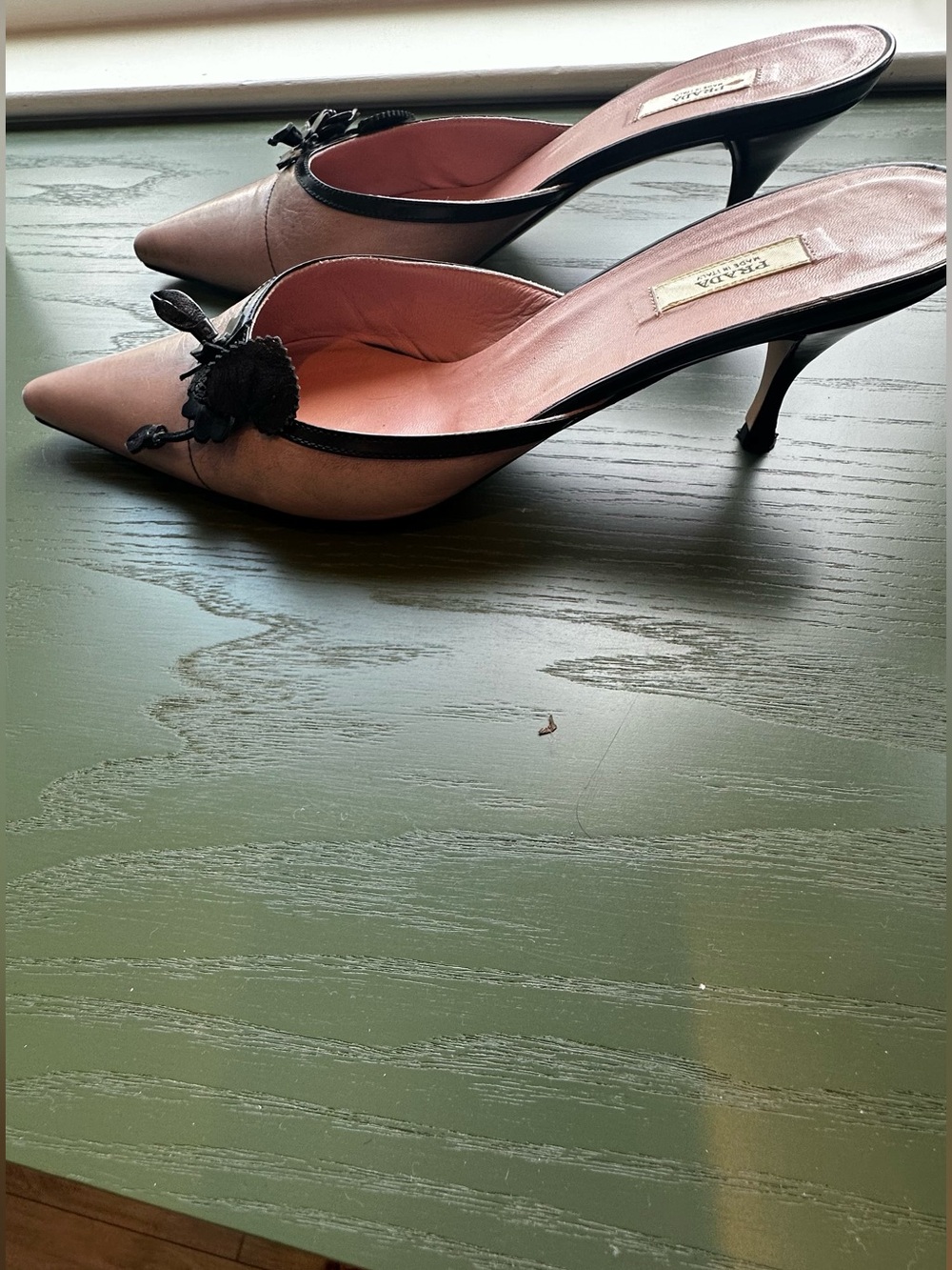 Prada Pink Pointed-Toe Slip-On Mules with Black Floral Trim - Picture 6 of 16